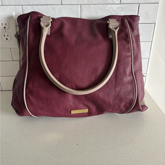 Steve Madden Large Embossed Satchel Handbag Hobo Purse Burgundy and Beige - Picture 3 of 12